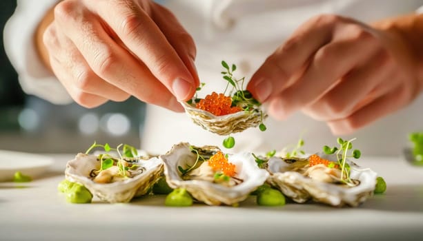 Chef carefully placing an oyster with red caviar and microgreens on a plate with other oysters