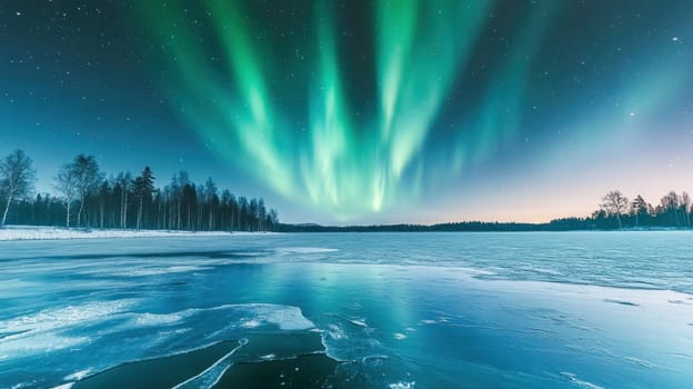 Aurora borealis illuminating a frozen lake surface at twilight, creating a magical winter landscape