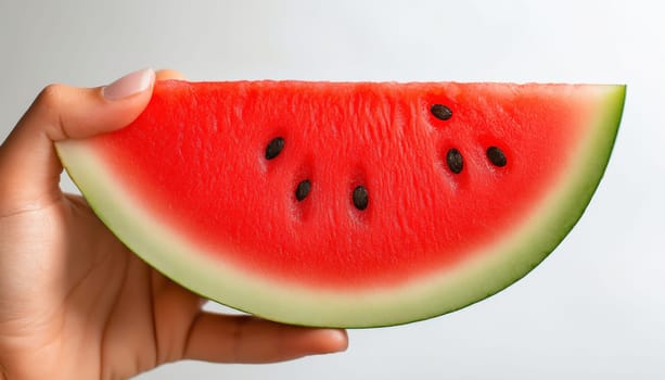 Hand holding a slice of ripe red watermelon with black seeds