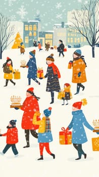 Illustration of families carrying wrapped gifts and menorahs while celebrating hanukkah in a snowy city