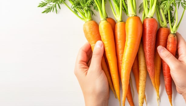 Two hands are holding a bunch of freshly harvested orange and yellow carrots with green tops