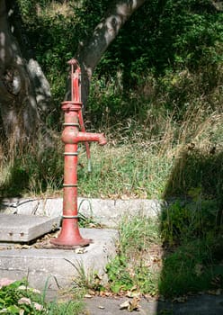 A vintage red water pump stands amidst a lush wooded area, evoking a sense of nostalgia and rural simplicity. The sun casts dappled shadows creating a serene, natural atmosphere