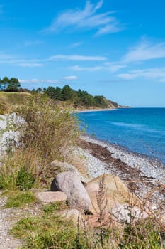Captivating view of a serene coastline with calm blue waters, a pebbled beach, and lush green vegetation under a clear sky. Perfect representation of peace and natural beauty in mols bjerge denmark