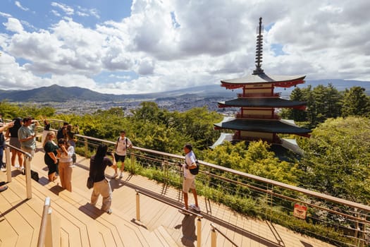 FUJIYOSHIDA CITY, JAPAN - SEPT 17TH, 2024: Arakura Fuji Sengen-jinja Shrine in Arakurayama Sengen Park on a hot autumn morning in Fujiyoshida City, Japan