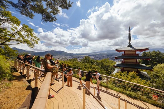 FUJIYOSHIDA CITY, JAPAN - SEPT 17TH, 2024: Arakura Fuji Sengen-jinja Shrine in Arakurayama Sengen Park on a hot autumn morning in Fujiyoshida City, Japan