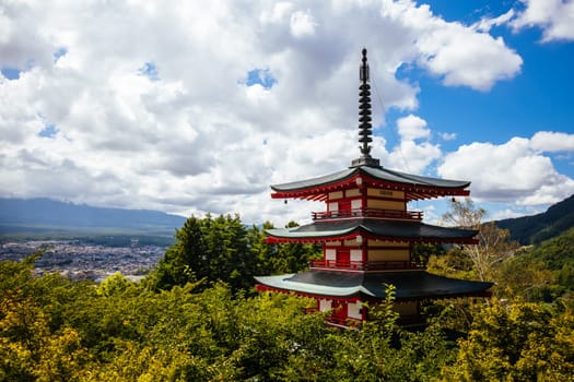 FUJIYOSHIDA CITY, JAPAN - SEPT 17TH, 2024: Arakura Fuji Sengen-jinja Shrine in Arakurayama Sengen Park on a hot autumn morning in Fujiyoshida City, Japan