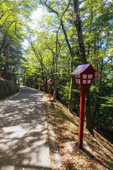 FUJIYOSHIDA CITY, JAPAN - SEPT 17TH, 2024: Arakura Fuji Sengen-jinja Shrine in Arakurayama Sengen Park on a hot autumn morning in Fujiyoshida City, Japan