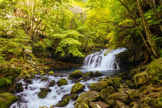 The magnificent Tateshina Otaki Falls on the famous Venus Line road, famous as a scenic driving route in Japan