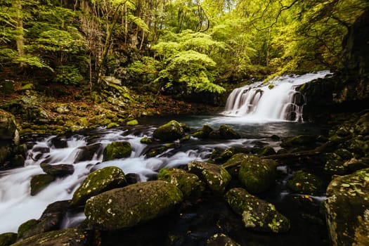 The magnificent Tateshina Otaki Falls on the famous Venus Line road, famous as a scenic driving route in Japan