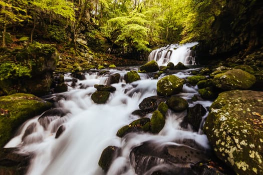The magnificent Tateshina Otaki Falls on the famous Venus Line road, famous as a scenic driving route in Japan