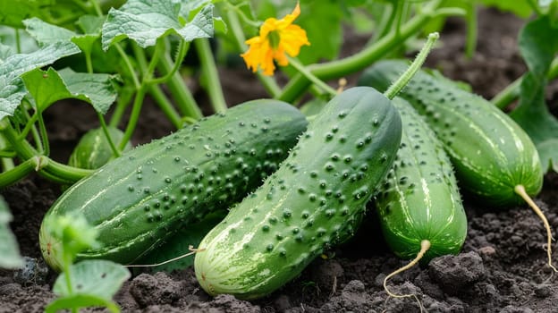 Green cucumber grows on the bed in the greenhouse, selective focus, Generative AI,