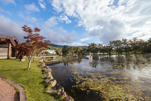 SHIRAKABA LAKE, JAPAN - SEPT 17, 2024: The township of Shirakaba Lake on a warm autumn afternoon on the famous Venus Line road, famous as a scenic driving route in Japan