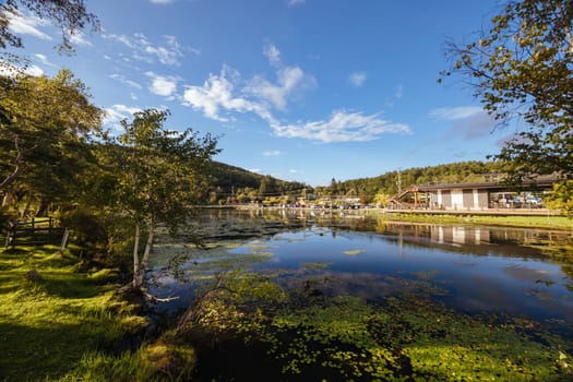 SHIRAKABA LAKE, JAPAN - SEPT 17, 2024: The township of Shirakaba Lake on a warm autumn afternoon on the famous Venus Line road, famous as a scenic driving route in Japan
