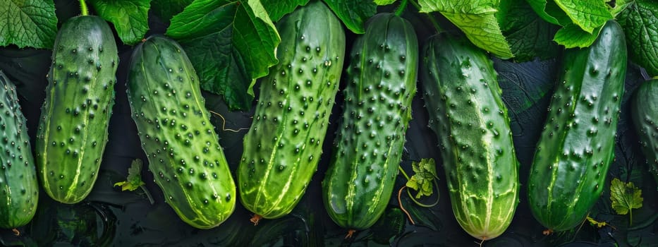 Green cucumber grows on the bed in the greenhouse, selective focus, Generative AI,