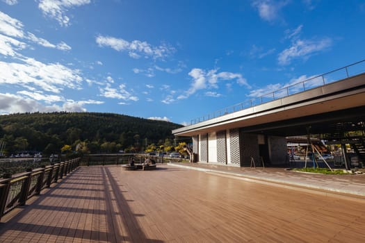 SHIRAKABA LAKE, JAPAN - SEPT 17, 2024: The township of Shirakaba Lake on a warm autumn afternoon on the famous Venus Line road, famous as a scenic driving route in Japan