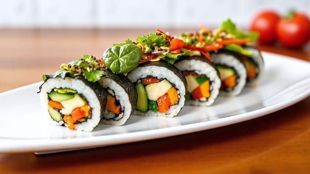 A fresh platter of vibrant vegetable sushi rolls features assorted vegetables like cucumber, carrot, and greens. The dish is artfully arranged on a white plate against a wooden surface.