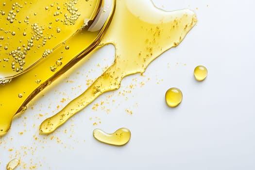 A golden liquid is spilling across a white surface, showcasing small bubbles and droplets, evoking a sense of freshness and culinary creativity.