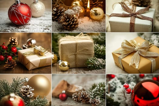 The festive arrangement showcases red and gold ornaments, elegantly wrapped gifts, and pinecones scattered on a snowy surface. A warm glow adds to the holiday atmosphere.