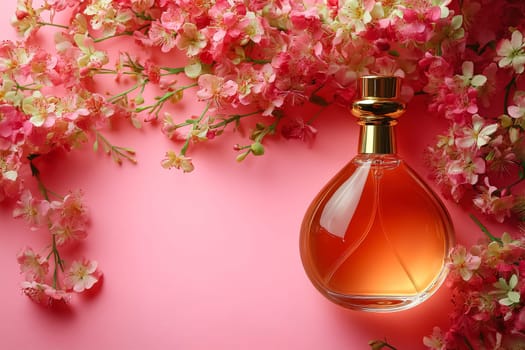A perfume bottle sits elegantly among delicate pink flowers on a soft pink backdrop, creating a serene and inviting spring atmosphere.