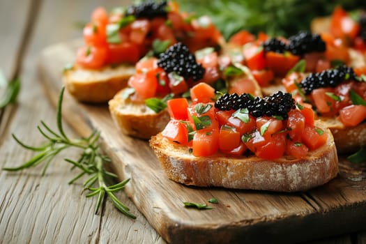 Savor the vibrant flavors of toasted bread layered with diced tomatoes, fragrant basil, and a touch of black caviar. Perfectly presented on a rustic wooden board, it's an inviting appetizer.