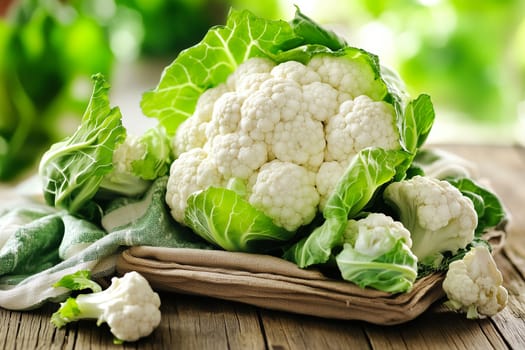 A cluster of fresh cauliflower with vibrant green leaves rests on a rustic wooden table, illuminated by soft natural light, showcasing its freshness and texture.