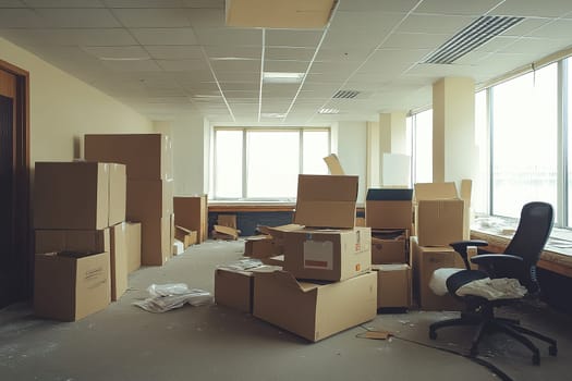 A cluttered office space features numerous cardboard boxes scattered around while sunlight streams through large windows, highlighting the neglect.