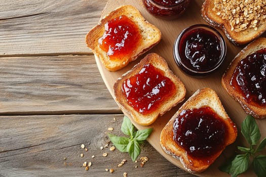 Toasted bread is artfully arranged on a wooden platter, topped with different flavorful jams. Fresh herbs add a touch of color and freshness to the display, perfect for a breakfast or snack.