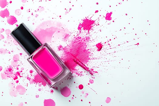 A vibrant bottle of pink nail polish rests on a white surface, surrounded by playful splatters of the same color, creating a dynamic visual effect.