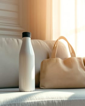 White reusable water bottle on a cozy sofa in a sunny home, showcasing eco friendly products in a minimalist setting. Perfect for branding mockups
