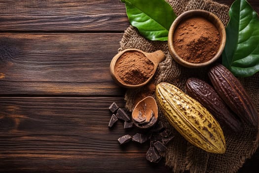 The arrangement features cocoa beans and powder alongside dark chocolate pieces and fresh leaves on a wooden surface, highlighting the natural richness of chocolate-making ingredients.