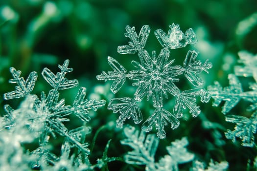 Delicate snowflakes sit atop vibrant green grass, highlighting the contrast between winter's chill and nature's resilience on a still morning.