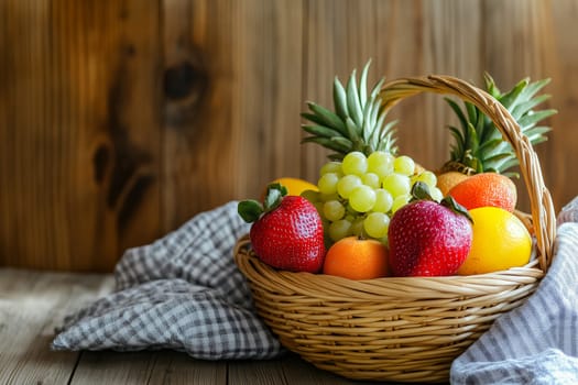 A wicker basket overflows with fresh fruits including strawberries, yellow lemons, green grapes, and pineapples, resting on a rustic wooden table near a gray cloth.