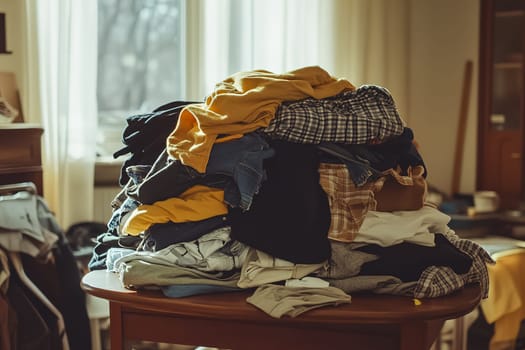 Clothes of various colors and patterns are stacked high on a wooden table in a warm, inviting room. Natural light filters through the window, creating a tranquil atmosphere.