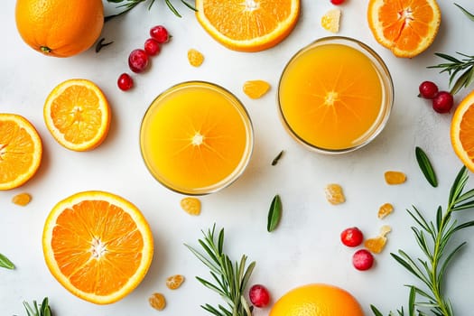 Two glasses of orange juice sit among vibrant sliced oranges and cranberries, creating a colorful and refreshing display ideal for a bright day.