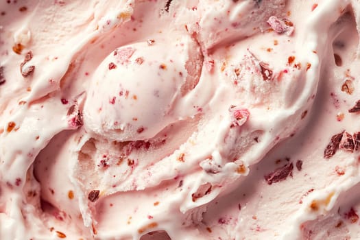 A delightful treat made from strawberry ice cream blends creamy texture with chunks of fruit. This close-up showcases the swirls and freshness of the dessert.