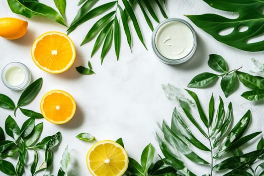 Bright citrus fruits, including lemons and oranges, are complemented by lush green leaves and a jar of cream, creating a refreshing spa-inspired display for relaxation.