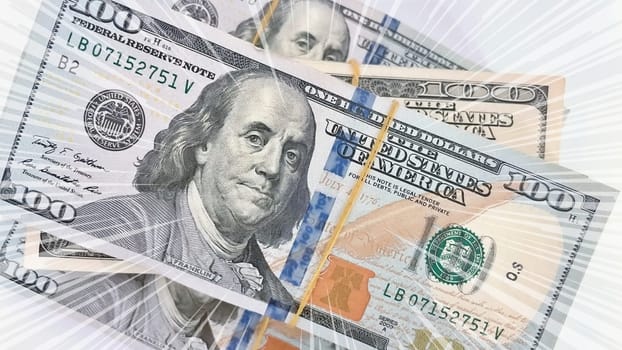 A Fan of $100 Bills.A close-up photo of a fan of $100 US dollar bills. The bills are arranged neatly, with the portrait of Benjamin Franklin visible on each bill. The background is white.Finance ve economy concept.