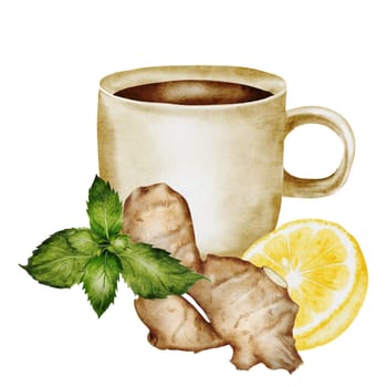 Cup of tea watercolor. Herbal tea with lemon slices and mint leaves. Hand drawn beige mug with hot citrus drink on isolated white background. Ideal for logo and packaging of medicinal tea. Homeopathic composition. High quality illustration
