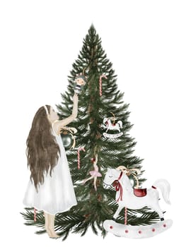 Girl decorates Christmas tree watercolor. Hand drawn vintage postcard for Christmas and New Year. Evergreen plant with retro toys nutcracker, horse, ballerina. Clipart isolated festive on white background. Perfect picture for bright holidays. High quality illustration