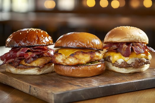 Three juicy tasty hamburgers lie on a wooden table in a bar or cafe. High quality photo