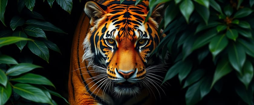 A majestic tiger emerges from a thicket of lush foliage, its piercing golden eyes catching the light as it stares intently forward. The vibrant orange and black stripes of its coat blend seamlessly with the verdant backdrop, creating a captivating image of power and mystery. The tiger's sharp whiskers add to its captivating gaze, hinting at its hidden presence in the dense jungle.