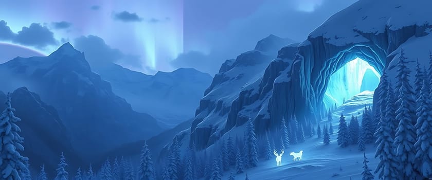 The icy landscape is shrouded in a soft blue glow, with a majestic mountain range in the distance. A mysterious cave, bathed in an ethereal light, beckons the viewer deeper into the winter wonderland. A solitary white stag stands amidst the snowy pines, its presence adding a sense of wonder and tranquility to the scene.