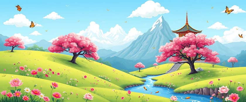 A serene landscape unfolds, showcasing a picturesque mountain range and a charming pagoda nestled amidst vibrant pink blossoms. A winding stream meanders through the scene, its surface alive with the gentle dance of goldfish, creating a sense of tranquility and captivating beauty.