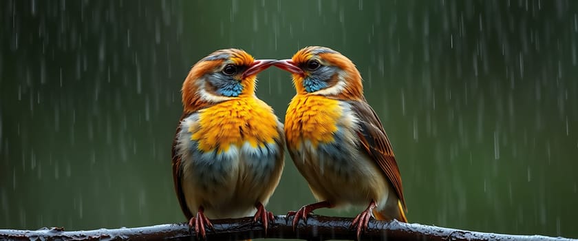 Two vibrantly colored birds, adorned with a mix of orange, yellow, and blue feathers, perch on a wet branch against a lush green backdrop. The rain falls softly, creating a calming atmosphere, as the birds lovingly touch beaks in a display of affection. The contrasting colors and delicate interaction create a sense of tranquility amidst the gentle rainfall.