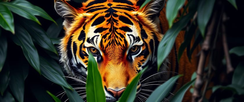 A majestic tiger peeks through a curtain of lush green foliage, its piercing golden eyes and striking black stripes creating a sense of intrigue and mystery. The vibrant colors of the tiger's fur are contrasted by the deep greens and shadows of the jungle, hinting at the hidden beauty and power lurking within.