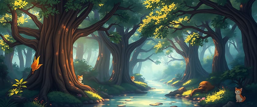 A mystical forest scene unfolds, bursting with vibrant hues of green and yellow. A shimmering river, meandering through the heart of the woods, reflects the soft light filtering through the canopy. The playful presence of four cats, perched on mossy rocks and nestled in the base of ancient trees, adds a touch of whimsical charm to this serene setting.
