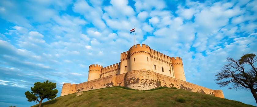 A majestic castle with a flag flying proudly atop its tower stands majestically on a grassy hill, surrounded by a breathtakingly blue sky dotted with fluffy, white clouds. The scene evokes a sense of grandeur and history, with the castle's imposing presence and the expansive sky creating an awe-inspiring atmosphere.