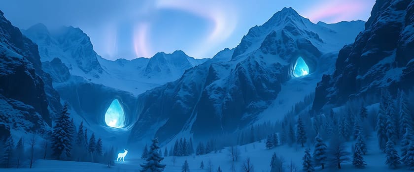 The icy landscape is shrouded in a soft blue glow, with a majestic mountain range in the distance. A mysterious cave, bathed in an ethereal light, beckons the viewer deeper into the winter wonderland. A solitary white stag stands amidst the snowy pines, its presence adding a sense of wonder and tranquility to the scene.