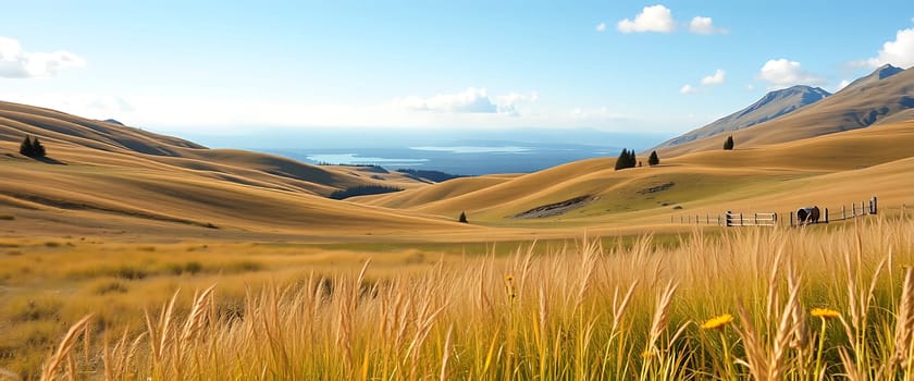 The rolling hills of a vast landscape unfold before you, their golden slopes bathed in the warm light of the setting sun. A foreground of tall, feathery grass and a few bright wildflowers create a sense of intimacy and peace, framing the majestic mountains and distant blue waters beyond. The scene evokes feelings of tranquility and awe, inviting the viewer to contemplate the vastness of nature.