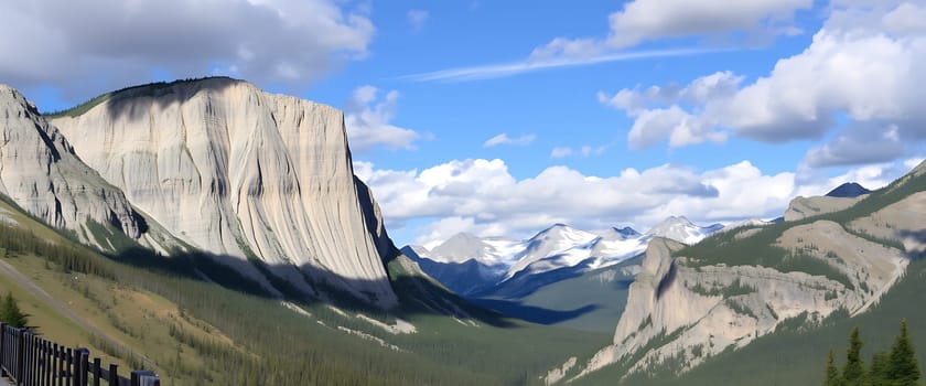 A majestic mountain range stretches out under a vibrant blue sky, punctuated by fluffy white clouds. The scene is dominated by a towering, uniquely striated cliff face that casts long shadows across the lush, verdant valley below. A sense of awe and grandeur permeates the image, inviting the viewer to appreciate the raw beauty of nature.